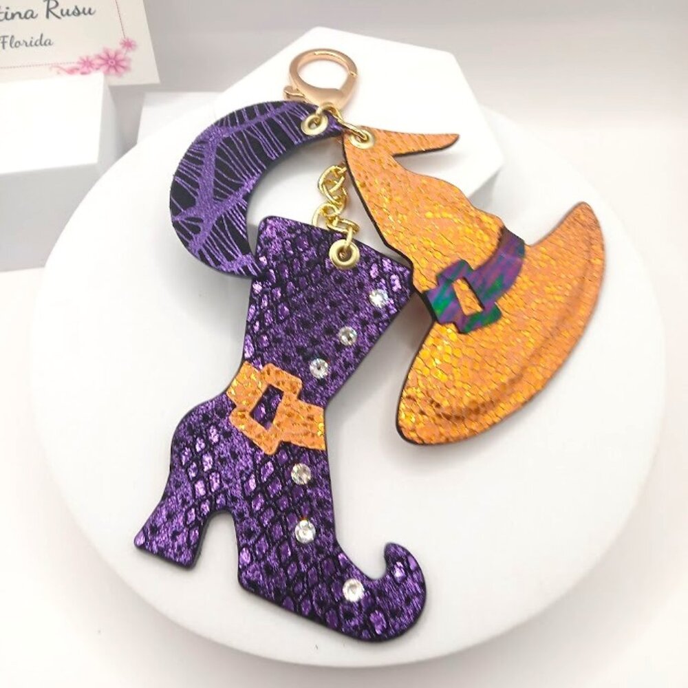 Stunning leather handmade handbag charm Halloween theme